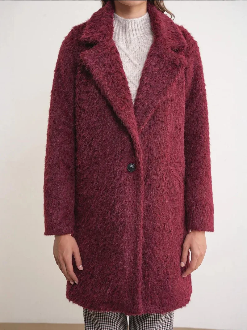 Mixray Burgundy Red Mixray Textured Long Coat with Jacket Collar for Women | Best Price UAE