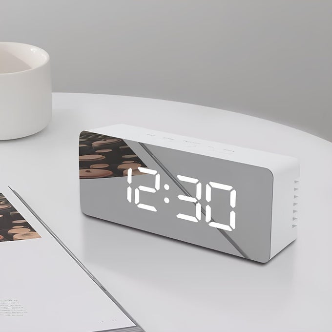 DIGITAL LED ALARM CLOCK WITH MIRROR DISPLAY FOR HEAVY SLEEPERS AND KIDS WITH SNOOZE TIME TEMPERATURE FUNCTIONS FOR BEDROOM OFFICE AND TRAVEL BATTERY AND USB POWERED