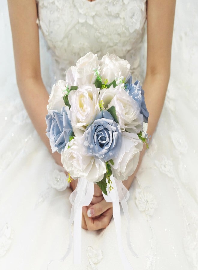 Qeedy Wedding Bouquets for Bride - Realistic Silk Flowers Artificial Roses, 8 Inch Bridesmaid Bouquet for Ceremony, Church, Anniversary, and Home Decoration (White & Blue) - Image 4