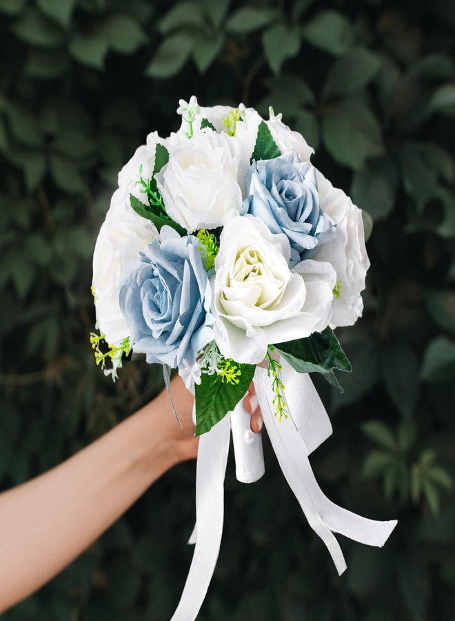 Qeedy Wedding Bouquets for Bride - Realistic Silk Flowers Artificial Roses, 8 Inch Bridesmaid Bouquet for Ceremony, Church, Anniversary, and Home Decoration (White & Blue) - Image 5