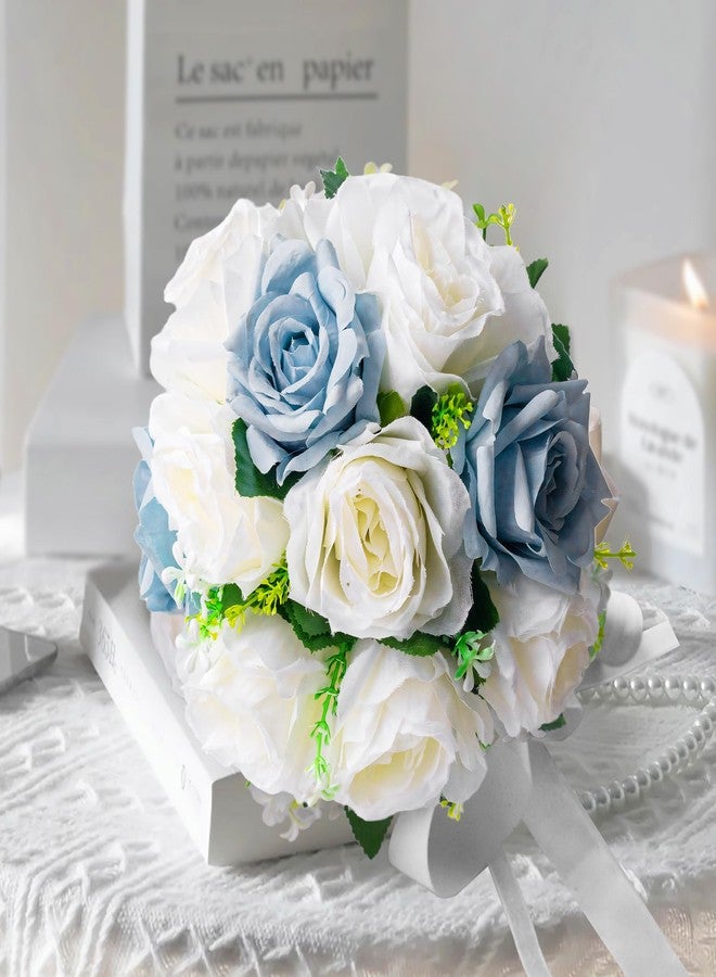 Qeedy Wedding Bouquets for Bride - Realistic Silk Flowers Artificial Roses, 8 Inch Bridesmaid Bouquet for Ceremony, Church, Anniversary, and Home Decoration (White & Blue) - Image 3