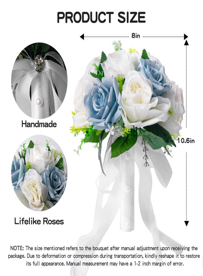 Qeedy Wedding Bouquets for Bride - Realistic Silk Flowers Artificial Roses, 8 Inch Bridesmaid Bouquet for Ceremony, Church, Anniversary, and Home Decoration (White & Blue) - Image 2