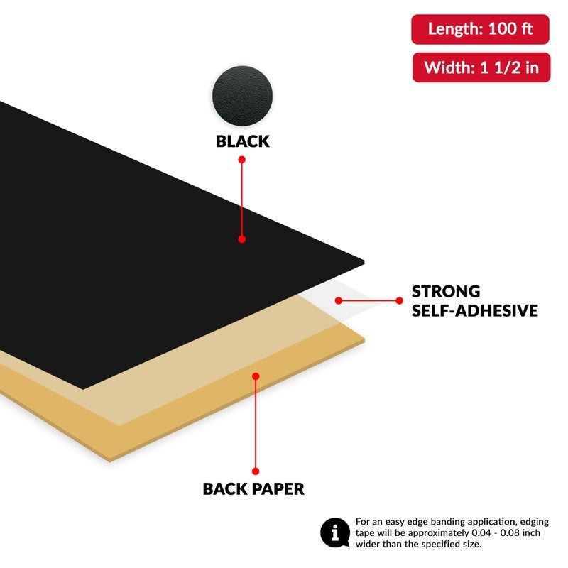 UNMAR Black Pvc 1 1/2 Inch X 100 Ft Edge Banding Tape Peel Stick Adhesive Veneer Edging Trim Wood Laminate Cabinet Furniture Plywood Formica Shelf Countertop Table Repair Strip Band Roll - Image 2