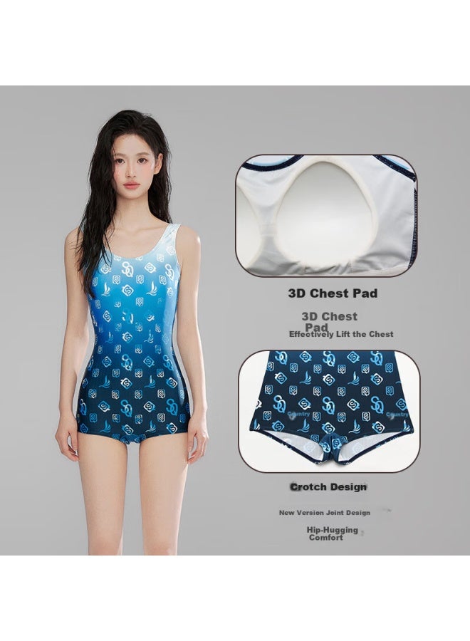 Sanqi Women's Swimsuit, New Style, Conservative One-piece, Boyshort, Plus Size, Compeive Professional Training, Hot Spring Swimwear, Blue, XL