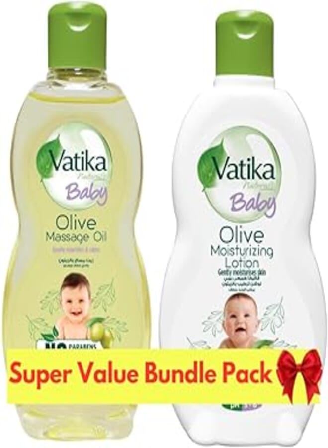 زيت تدليك الأطفال من فاتيكا ناتشورالز + لوشن ترطيب الأطفال | غني بالزيتون | تغذية لطيفة | تم اختباره من قبل أطباء الجلدية | درجة حموضة متوازنة | عبوة قيمة للغاية - 100 مل + 100 مل