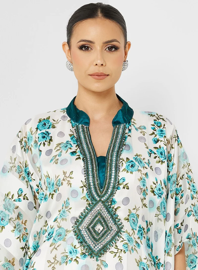 ARABIAN CLOSET Printed V-Neck Kaftan With Inner