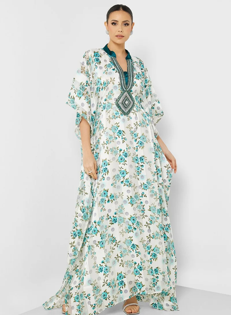 ARABIAN CLOSET Printed V-Neck Kaftan With Inner