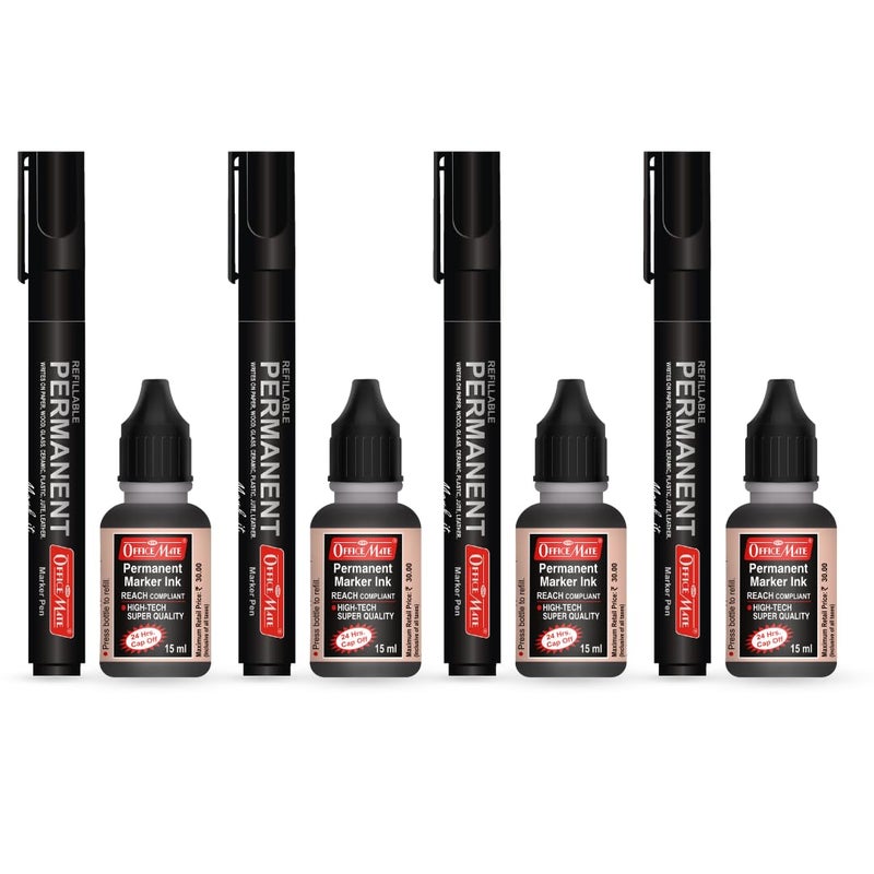 Office Mate Soni Officemate Permanent Combo (4 Permanent Markers + 4 Permanent Markers Ink) (Black) - Image 1
