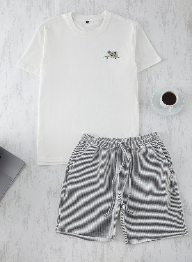 trendyol Ecru Koala Embroidered Striped Unisex Knitted Pajamas Set - Image 2