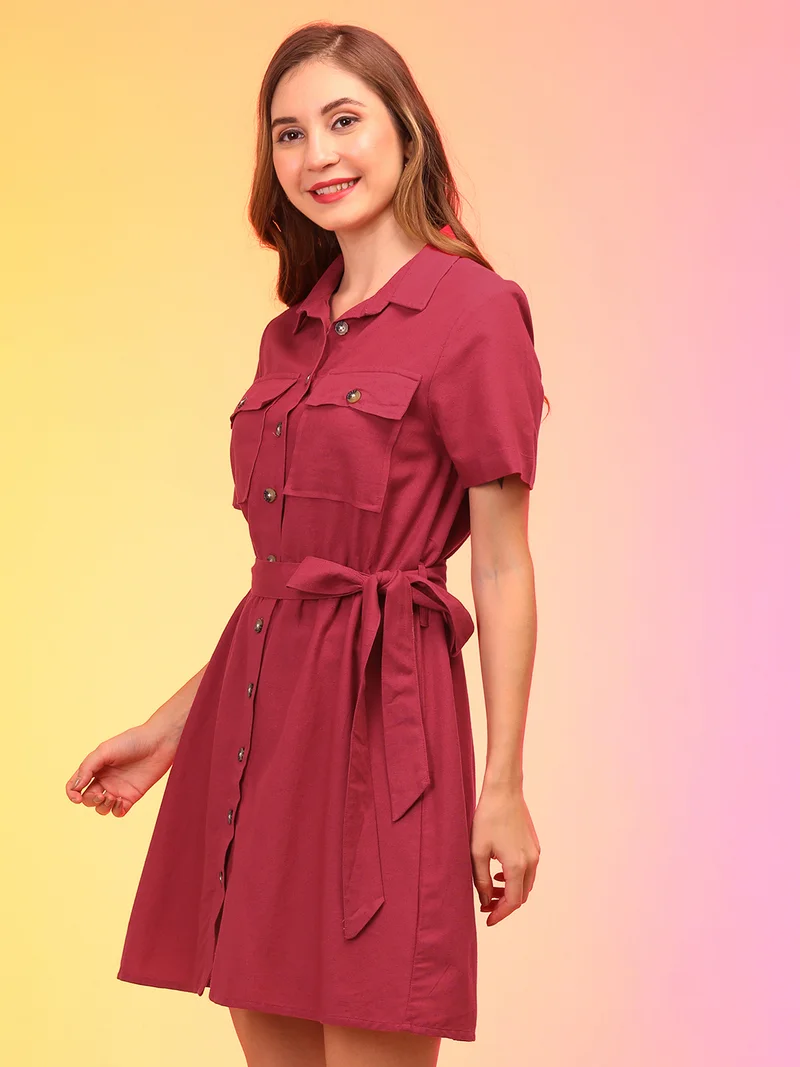 globus Women Red Belted Shirt Style Straight Hem Dress