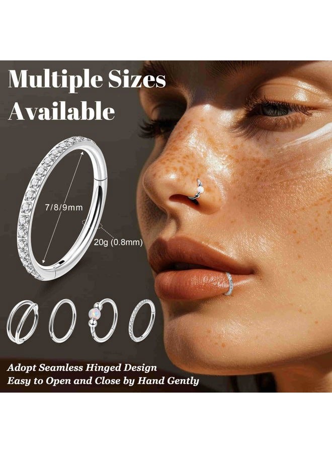 Masedy 4PCS 18G 20G Surgical Steel Nose Ring Hoop for Women Men Hinged Double Nose Hoop CZ Opal Clicker Septum Nose Hoops Cartilage Conch Tragus Rook Ring Lip Daith Piercing Jewelry Gold Silver 7-9MM - Image 2