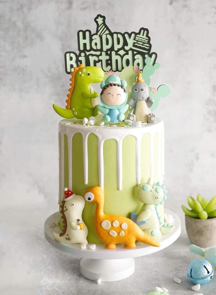 KASTWAVE Dinosaur Themed Cake Toppers Set of 9 Baby Dinosaur Dinosaurs Cactus and Happy birthday Cake Topper - Image 1