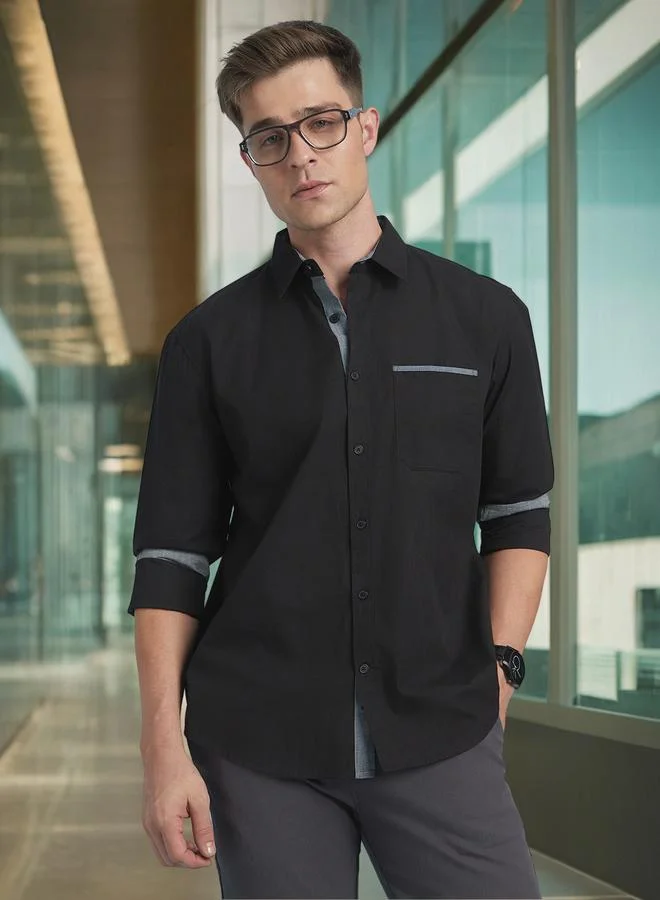 Dennis Lingo Men's Black 100% Cotton Solid Pattern Regular FiT-Shirt