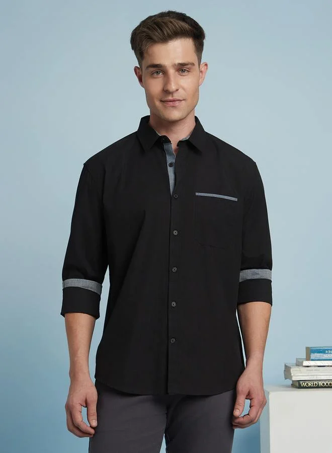Dennis Lingo Black Men's Black 100% Cotton Solid Pattern Regular FiT-Shirt for Men | Best Price UAE