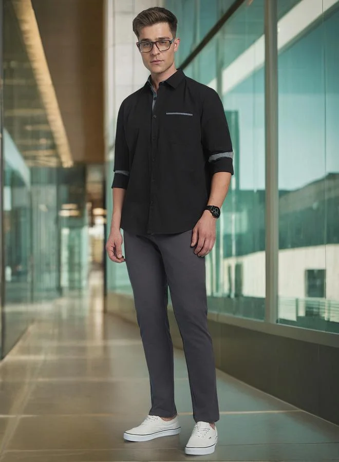 Dennis Lingo Black Men's Black 100% Cotton Solid Pattern Regular FiT-Shirt for Men | Best Price UAE