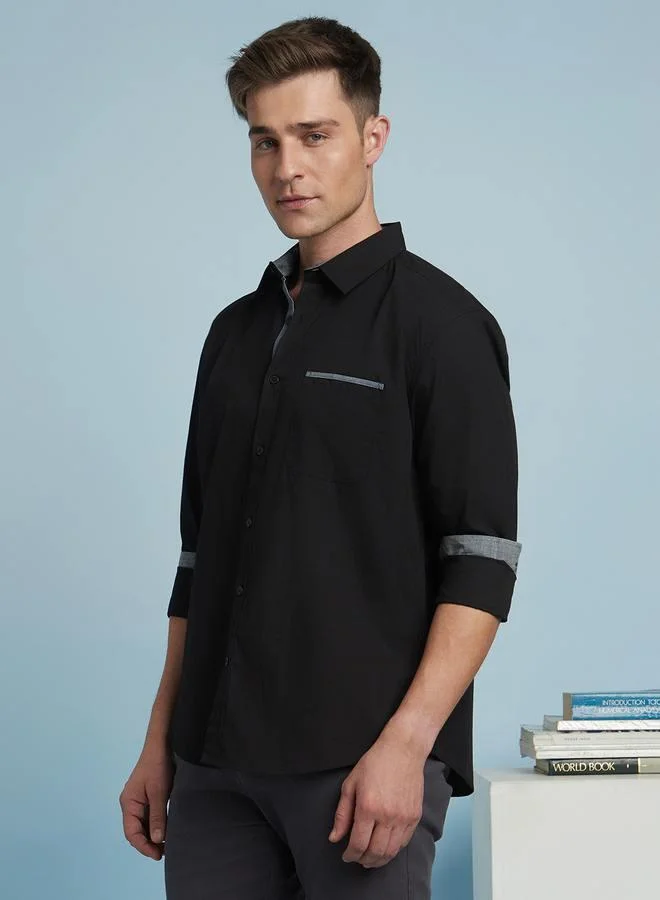 Men's Black 100% Cotton Solid Pattern Regular FiT-Shirt