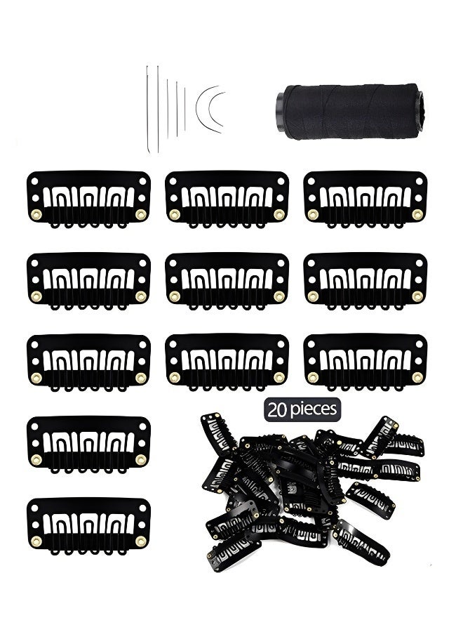 20 Pieces Hairpieces Snap Clips U Shape Wig Clips for Hair Extensions Making DIY Wig Accessories Set Tools with Needle and Thread  Black Color - Image 1