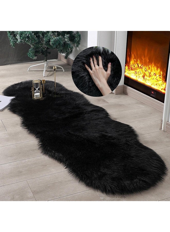 linmopm Faux Fur Rug Sheepskin Shag Fluffy Fuzzy Black 2x6 ft Runner Rugs for Bedroom Bedside Bed Floor Living Room Plush High-Density Cushion Carpet Super Sofa Cover - Image 1