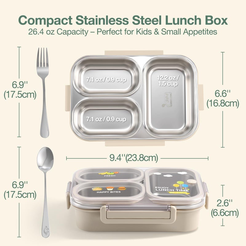 NUKied Stainless Steel Lunch Box for Kids & Adults, 3-Compartment Leak Proof Metal Bento Lunch Box with Fork & Spoon, 26.4 oz Airtight Food Storage Snack Container for School, Work, Travel (Beige) - Image 2