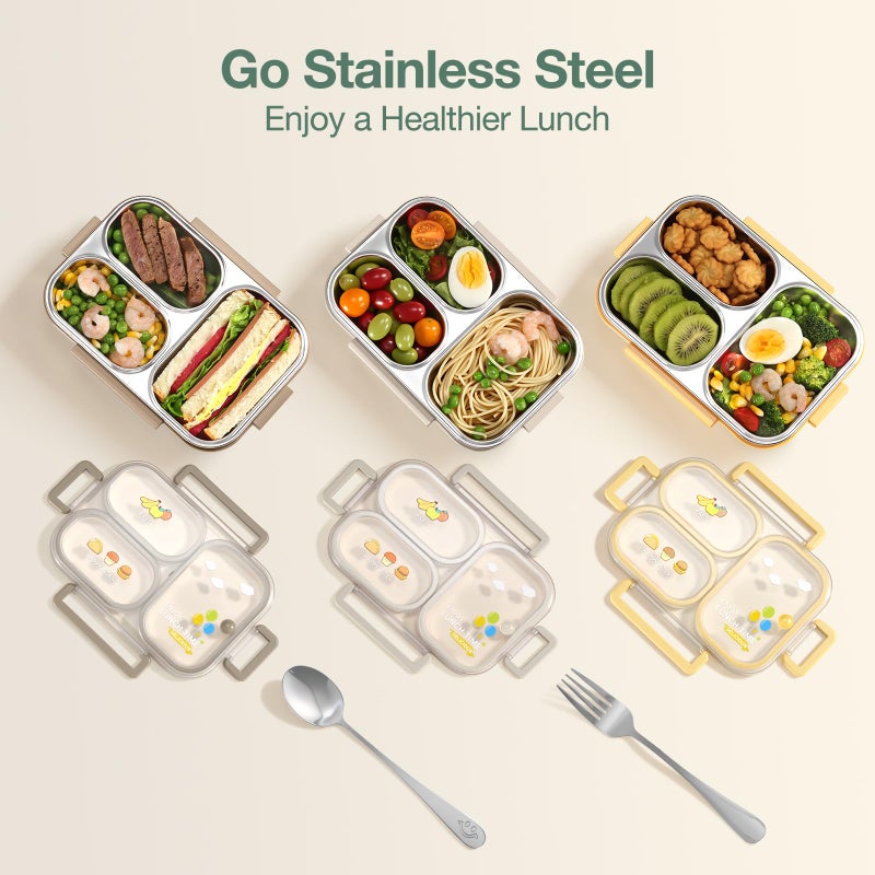 NUKied Stainless Steel Lunch Box for Kids & Adults, 3-Compartment Leak Proof Metal Bento Lunch Box with Fork & Spoon, 26.4 oz Airtight Food Storage Snack Container for School, Work, Travel (Beige) - Image 4