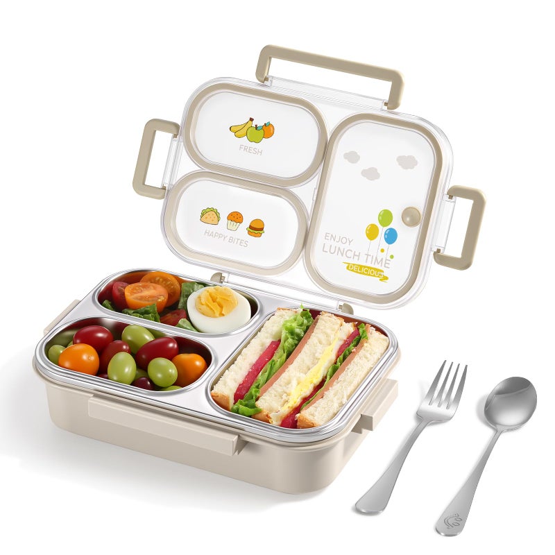 NUKied Stainless Steel Lunch Box for Kids & Adults, 3-Compartment Leak Proof Metal Bento Lunch Box with Fork & Spoon, 26.4 oz Airtight Food Storage Snack Container for School, Work, Travel (Beige) - Image 1