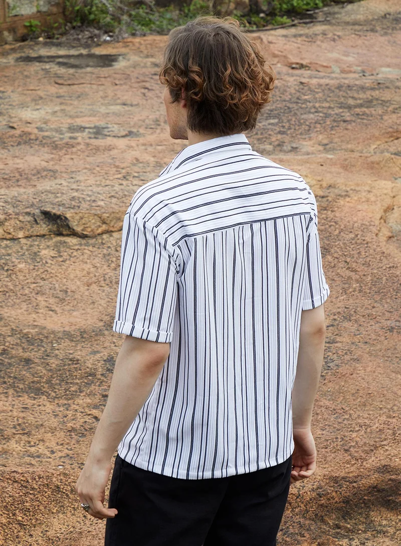 Campus Sutra Men's Daisy White Halo-Striped Utility Shacket