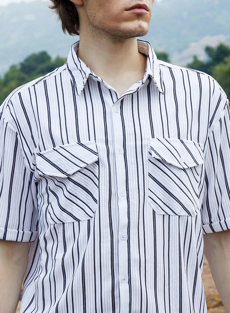 Campus Sutra Men's Daisy White Halo-Striped Utility Shacket