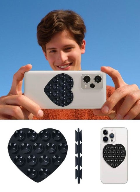 Black Heart Shaped Double Sided Heart shaped Silicone Suction Phone Mount Set – Premium Non Slip Hands Free Holder for Secure and Stable Selfies, Video Calls, and Comfortable Viewing on Any Surface Home and Travel Pad Heart-shape Double Sided Silicone Sucker Support Strong Adsorption Mobile Phone Fixed Pad Hand-Free Washable Suction Cup Bracket Pad