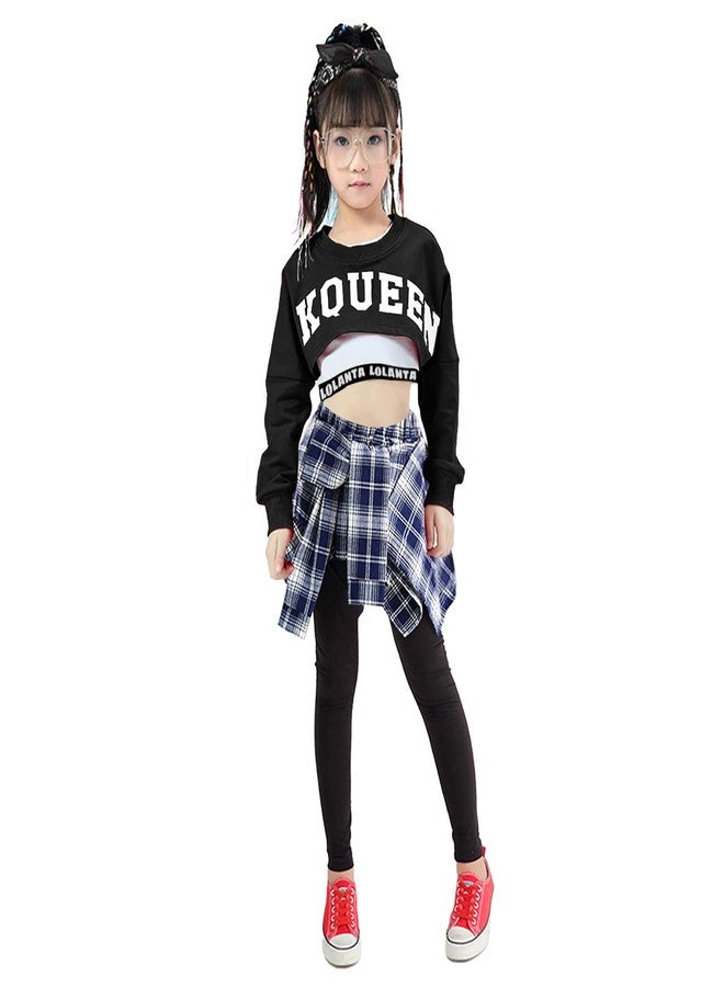 LOLANTA Hip Hop Dance Costumes for Girls Letter Print Long Sleeve Crop Top + Plaid Skirt Pants + Vest (Black, 14-16) - Image 1