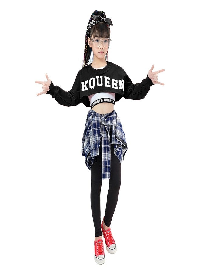 LOLANTA Hip Hop Dance Costumes for Girls Letter Print Long Sleeve Crop Top + Plaid Skirt Pants + Vest (Black, 14-16) - Image 3