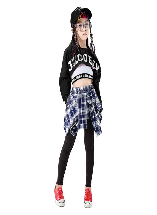 LOLANTA Hip Hop Dance Costumes for Girls Letter Print Long Sleeve Crop Top + Plaid Skirt Pants + Vest (Black, 14-16) - Image 2