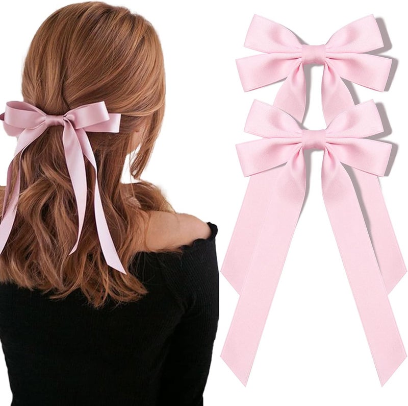 Aileam Silky Satin Hair Bows and Ribbons: 2PCS Pink Alligator Clips for Ponytail Holders, Hair Accessories for Women, Girls, Toddlers, and Teens - Image 1
