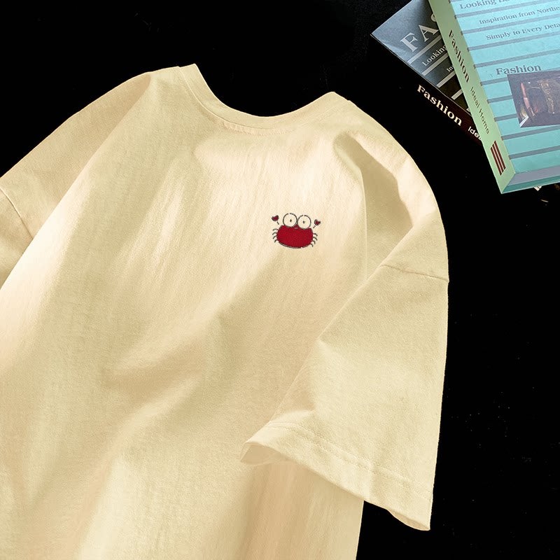 Embroidery heavyweight 100% pure cotton short-sleeved T-shirt men's summer fashion brand ins loose T-shirt crab embroidered T-shirt top - Image 2