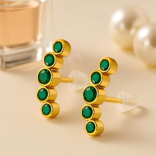 VAMA FASHIONS 18K Plated Anti Tarnish Cluster Earrings with CZ Stones Hypoallergenic Lightweight Fashion Jewelry Ear Stud For Women & Girls (Gold Pated Green 5 Stone Earring) - Image 4