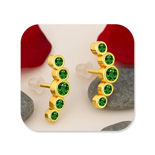 VAMA FASHIONS 18K Plated Anti Tarnish Cluster Earrings with CZ Stones Hypoallergenic Lightweight Fashion Jewelry Ear Stud For Women & Girls (Gold Pated Green 5 Stone Earring) - Image 1