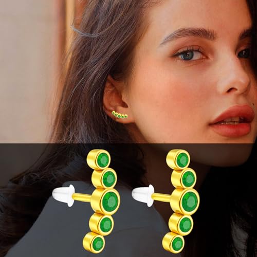 VAMA FASHIONS 18K Plated Anti Tarnish Cluster Earrings with CZ Stones Hypoallergenic Lightweight Fashion Jewelry Ear Stud For Women & Girls (Gold Pated Green 5 Stone Earring) - Image 5