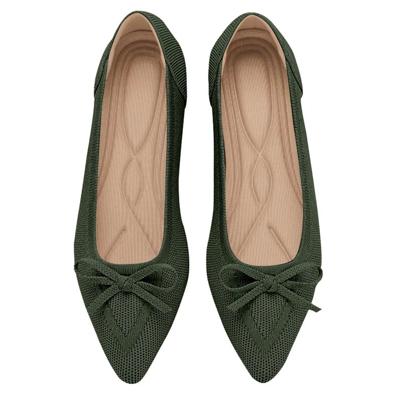 TINGRISE Womens Flats Pointed Toe Bow Knit Ballet Shoes Comfortable Dressy Mesh Slip On Flat Green US9 - Image 2