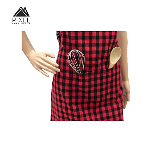 PIXEL HOME DECOR Cotton Apron 100% Cotton Check Kitchen Apron with Front Center Pocket Best Design Apron (Red Checked) - Image 3