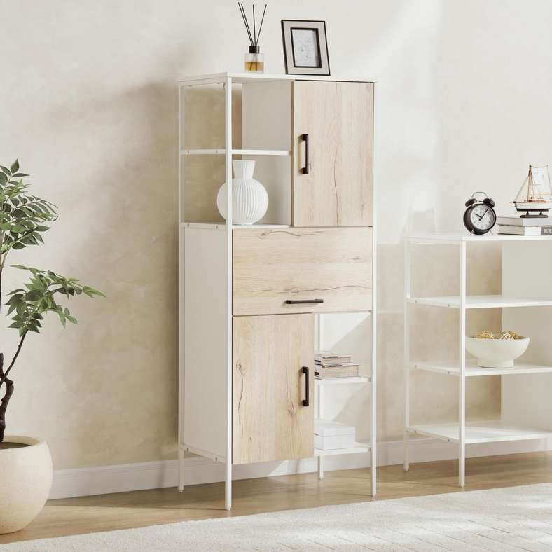 Pan Home خزانة عرض ببابين ودرج - طبيعي وأبيض - Image 1