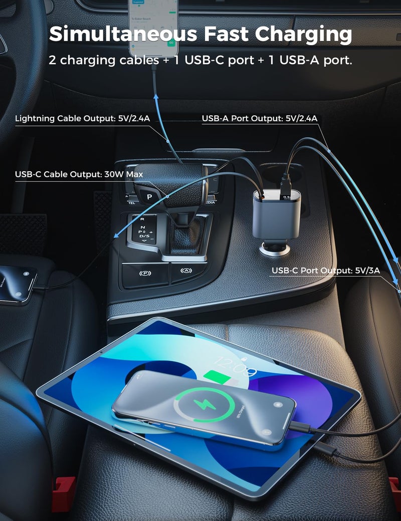 SUPERONE شاحن سيارة قابل للسحب SUPERONE 4 في 1، شاحن هاتف سريع مع كابل بطول 2.6 قدم، محول شاحن سيارة USB C وآبل، متوافق مع آيفون 17 16 15/15 برو ماكس/14/13/12/11، جالاكسي، بيكسل - Image 4