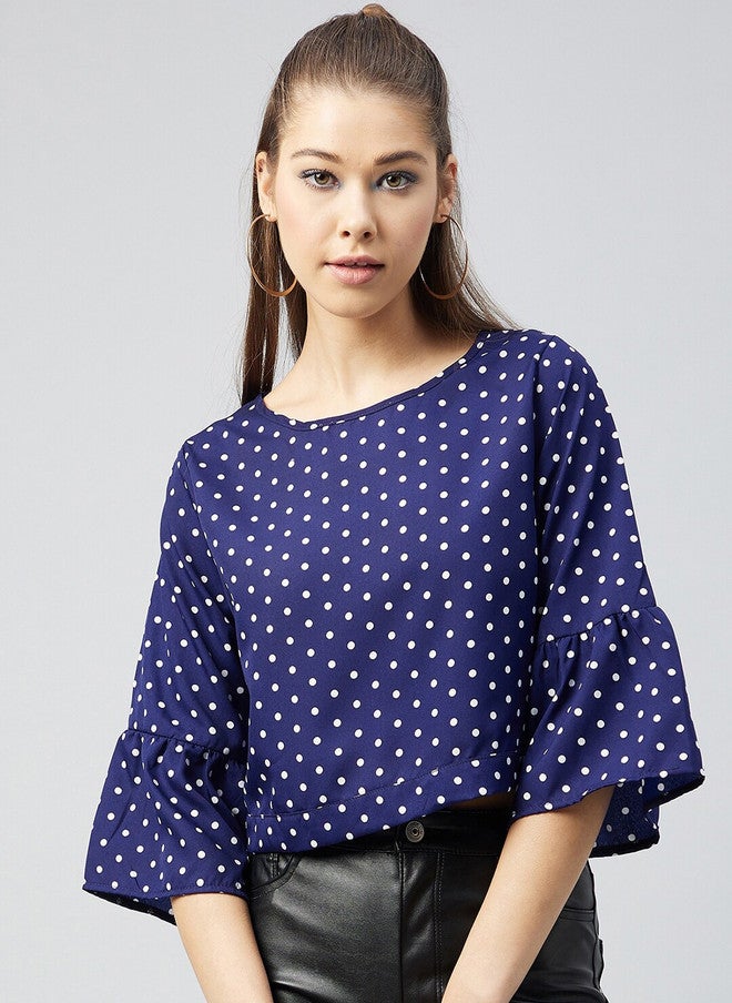 CHIMPAAANZEE Navy Blue Polka Dot Print Crop Top - Image 1