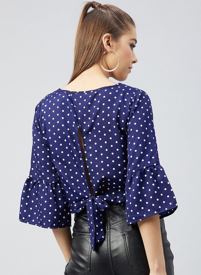 CHIMPAAANZEE Navy Blue Polka Dot Print Crop Top - Image 4