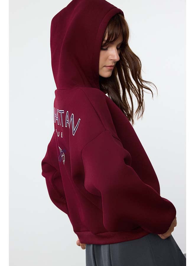trendyol Claret Red Back Print Detailed Hooded Thick Inside Fleece Knitted Sweatshirt TWOAW22SW0711 - Image 1