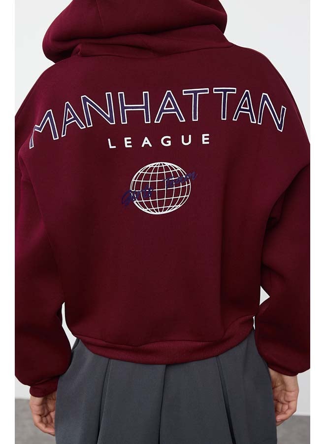 trendyol Claret Red Back Print Detailed Hooded Thick Inside Fleece Knitted Sweatshirt TWOAW22SW0711 - Image 4