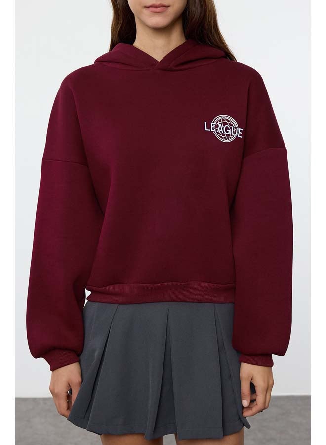 trendyol Claret Red Back Print Detailed Hooded Thick Inside Fleece Knitted Sweatshirt TWOAW22SW0711 - Image 3