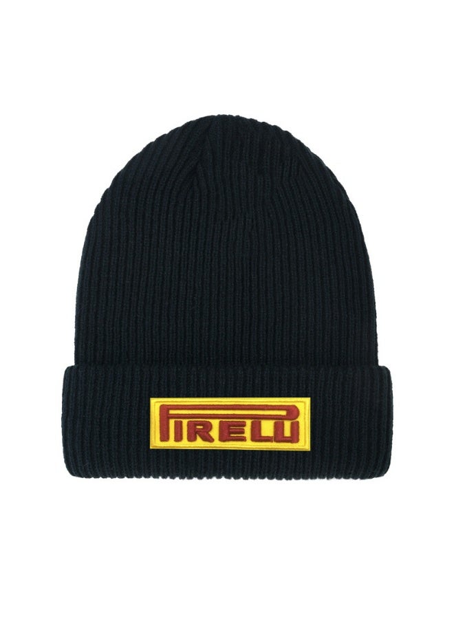 Pirelli Black Ribbed Knit Beanie – Sleek Warm Winter Hat with Distinctive Logo Patch 615Size