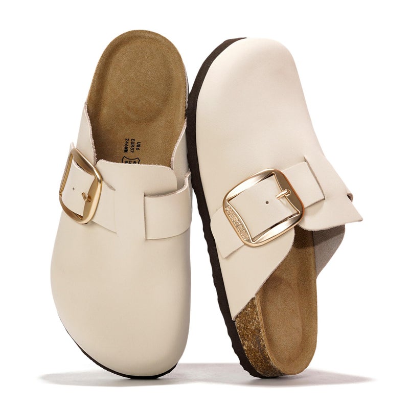 Project Cloud 100% Genuine Leather Clogs for Women Shoes - Memory Foam Insole, Non-Slip & Natural Cork Footbed Arch Support Big Buckle Womens Clogs and Mules Footwear (Manchester, OFFW,8) - Image 1