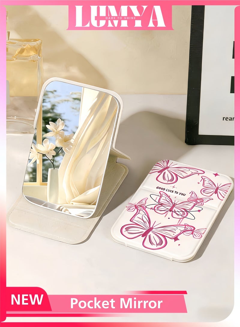 LUMYA Butterfly Pattern Pocket Mirror, Portable Folding Makeup Mirror, Compact Adjustable Small Mirror with Stand for Quick Touch-ups, Travel Handheld Mirror for Women Girls, Mini Mirror Great for Home, Office, Camping (Beige) - Image 1