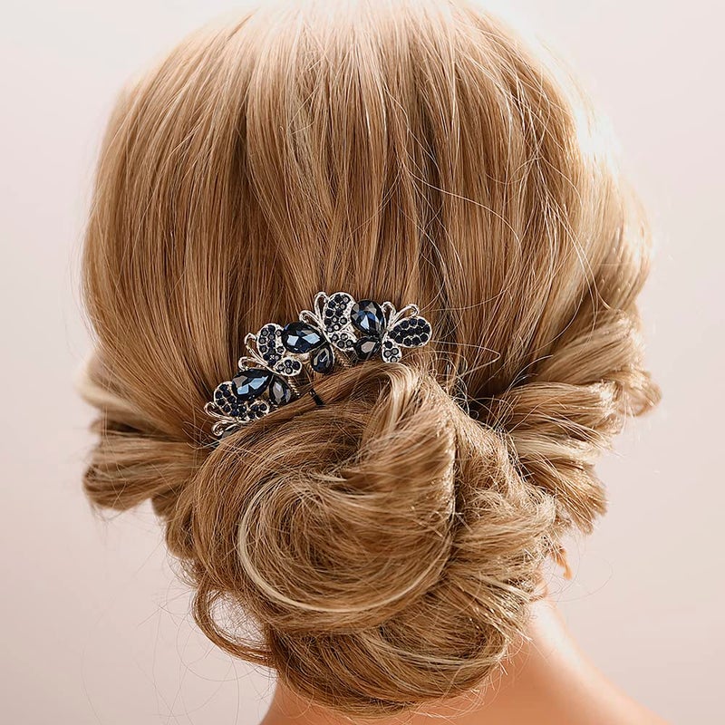 Aimimier Bridal Wedding Butterfly Crystal Hair Combs Decorative Rhinestone Headpieces Hair Clips Bride and Bridesmaids Hair Accessories for Women GirlsBlue