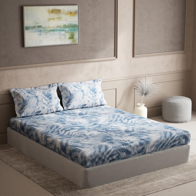 DDECOR Live beautiful Ddecor Cotton Double Bed Sheet Set with 2 Pillow Covers 274 CM X 274 CM Blue Digital Print Leaves 136TC GSM 